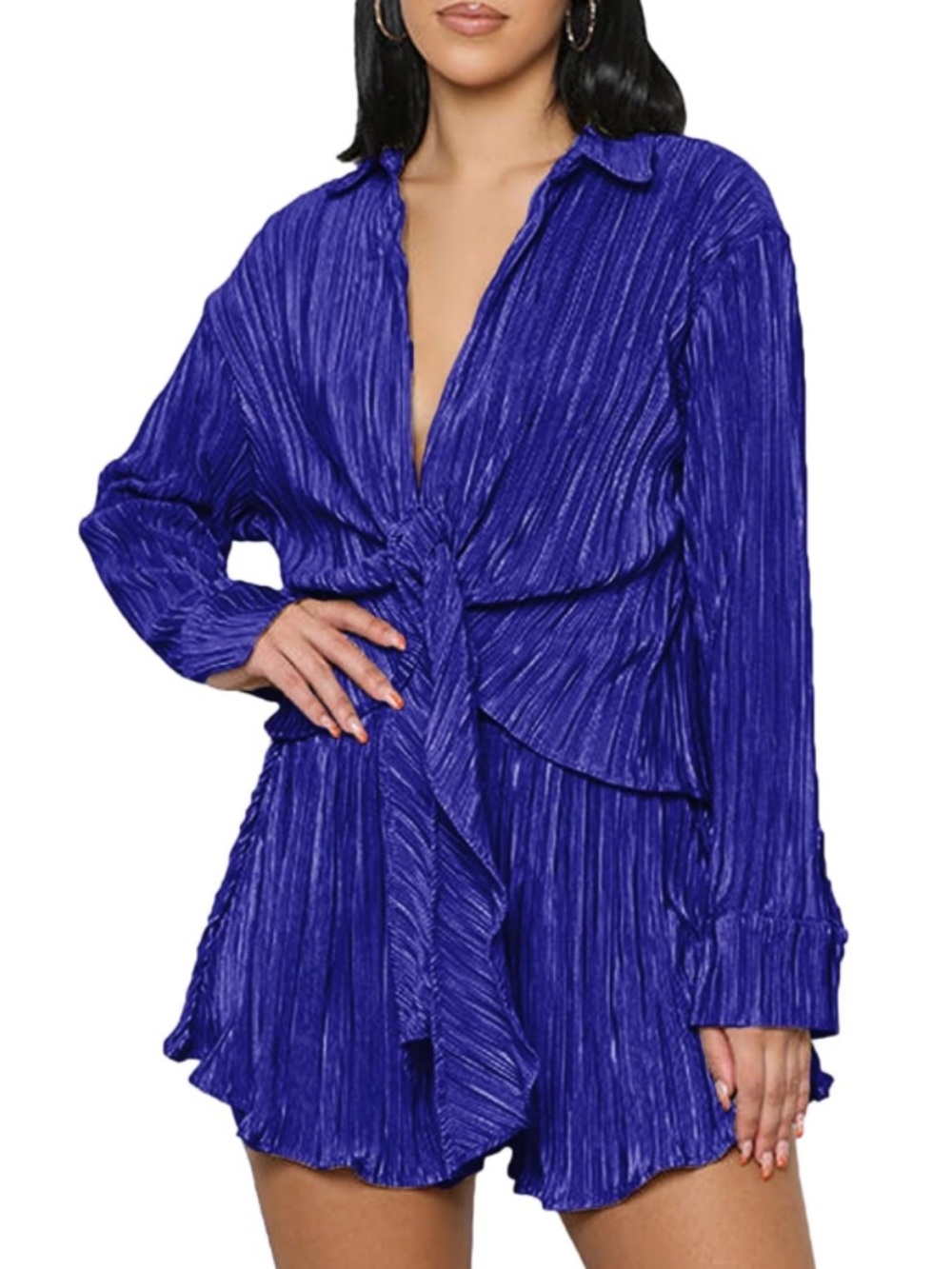 NWT No Label Size S Blue 2pc Pleated Deep V Neck Tie Long Sleeve Shorts Set